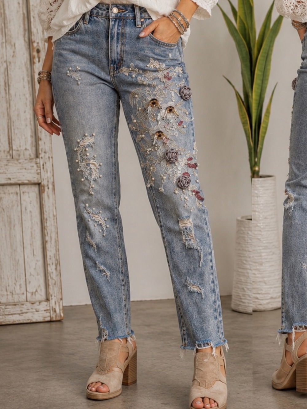 Blue B. Embellished lace pearl and floral Light Blue Boyfriend Jeans